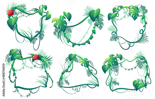 Liana frames, cartoon jungle vines, tropical branch borders. Vector Amazon rainforest thicket. Tropic forest plant leaves and flowers, climbing and hanging green tree foliage spinney isolated set