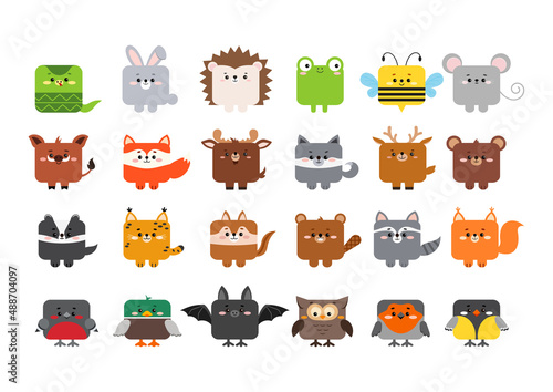 Square forest animal faces with paws set isolated on white background. Cute cartoon square shape kawaii kids avatar character collection. Vector flat clip art illustration mobile ui game application.