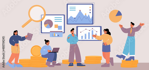 People work with analytic data on dashboard with graphs and charts. Vector flat illustration of business analysis with employees, gold coins and infographic of statistics and financial report