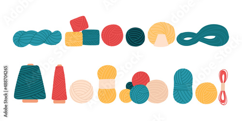 Large set of yarn for crocheting, knitting needles. Skein, ball, bobbin. Isolated vector illustration
