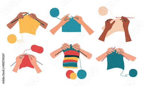 Knitting, crochet. Hands hold a knitted fabric on the needles. Hobby, handmade, handicraft. Collection of isolated vector illustrations