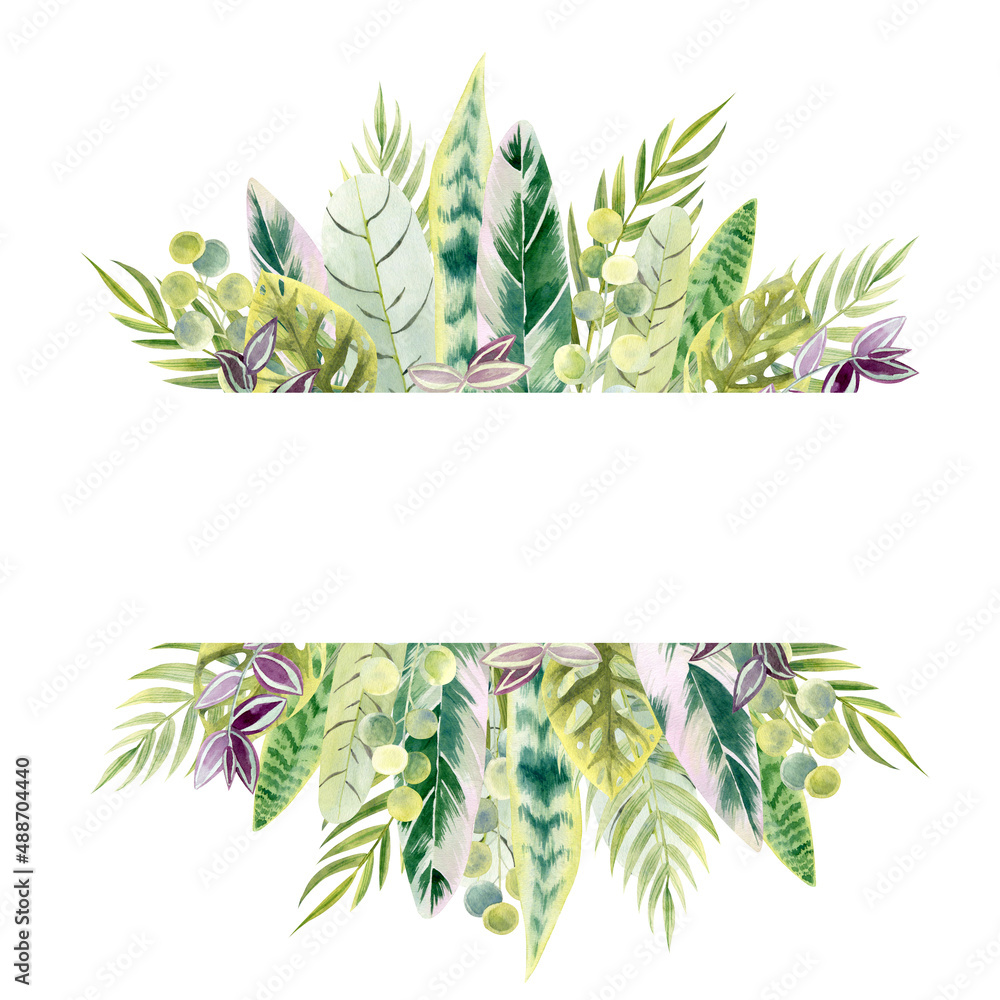 Floral frame element with colorful houseplant leaves. Each plant is hand painted with watercolors. Ideal for postcard, greeting, invitation, packaging, cover and other designs.