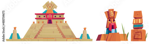 Aztec pyramids and statues, mayan city monumental landmarks isolated on white background. Stone Temple of Kukulkan or El Castillo Pyramid in Chichen Itza, Machu Picchu, Cartoon vector illustration set