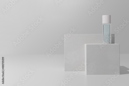 Mock up bottle of essence toner in natural light. Face skin care cosmetics. 3d render