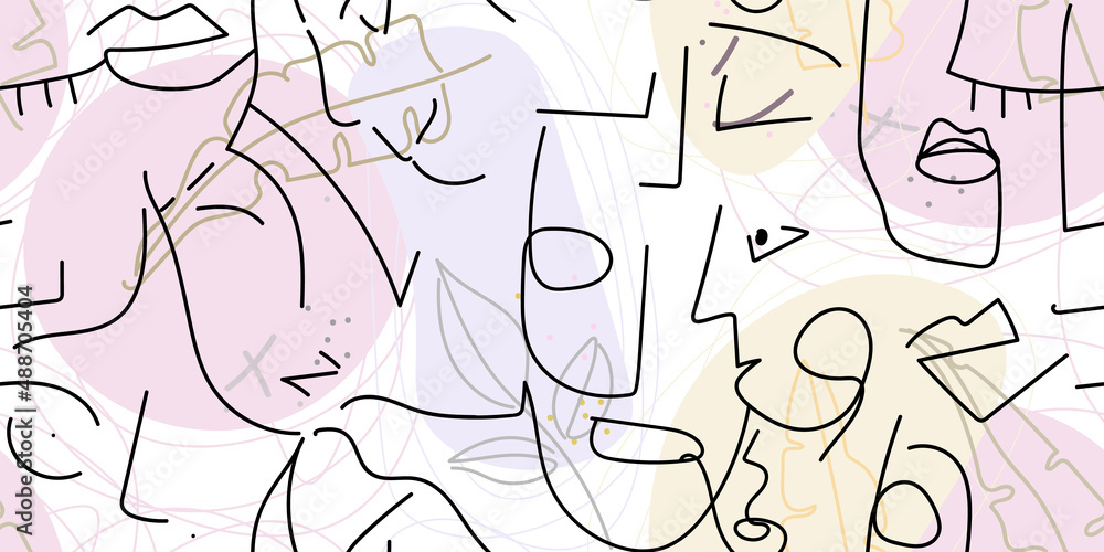 Fototapeta premium One line drawing. Abstract face seamless pattern.
