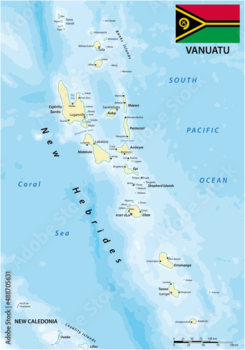 Vector map of the island nation of Vanuatu in the South Pacific