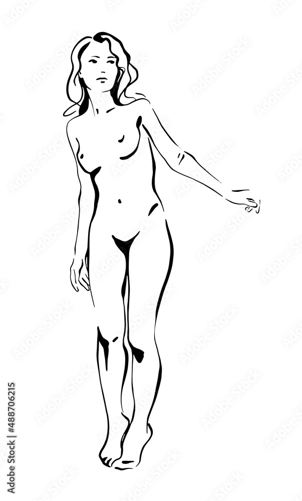 Beautiful sensual nude female beauty. Black and white print sketch art Beautiful sensual nude female beauty. Black and white print sketch art