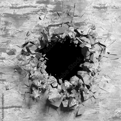 Explosion broken concrete wall bullet hole destruction