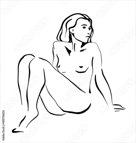 Beautiful sensual nude female beauty. Black and white print sketch art