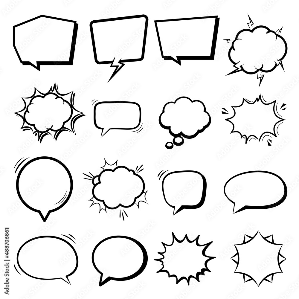 Fototapeta premium Vector Retro empty comic speech bubbles set with black halftone shadows. vintage design, pop art style