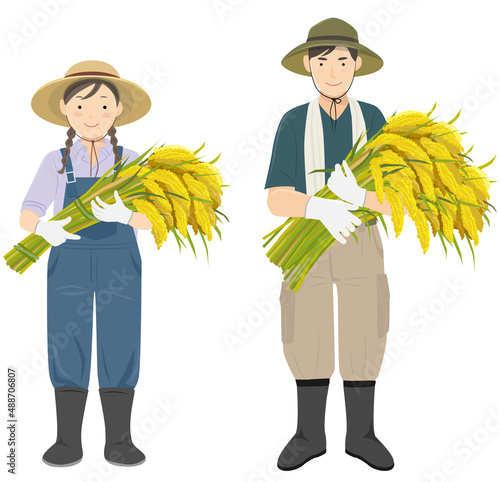 Young men and women standing side by side holding a rice bundle