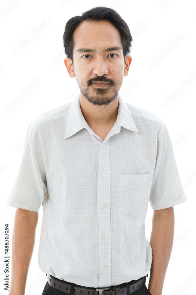 Portrait isolated cutout studio shot of Millennial Asian slim bearded and frontal baldness male businessman in formal outfit and eyeglasses standing look at camera on white background Portrait isolated cutout studio shot of Millennial Asian slim bearded and frontal baldness male businessman in formal outfit and eyeglasses standing look at camera on white background