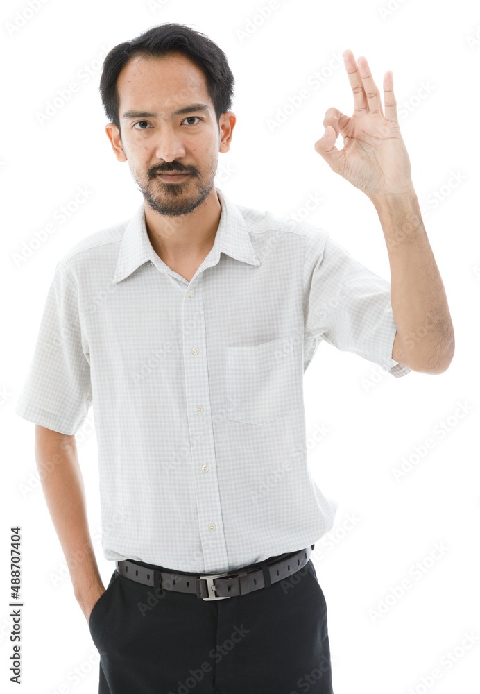 Portrait isolated cutout studio shot of Asian happy bearded and frontal baldness male businessman standing smiling look at camera holding hand up showing okay fingers sign symbol on white background Portrait isolated cutout studio shot of Asian happy bearded and frontal baldness male businessman standing smiling look at camera holding hand up showing okay fingers sign symbol on white background
