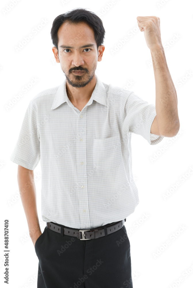Portrait isolated cutout studio shot of Asian happy bearded and frontal baldness male businessman standing smiling look at camera holding hand up on white background. Portrait isolated cutout studio shot of Asian happy bearded and frontal baldness male businessman standing smiling look at camera holding hand up on white background.
