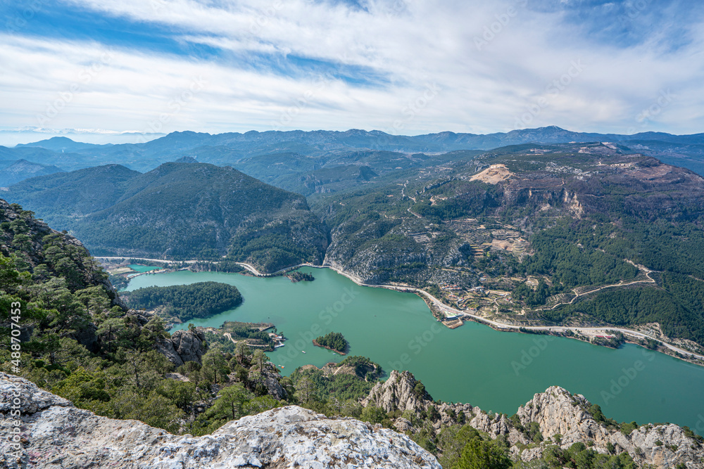 Scenic view of Karacaören dam from Karadağ with  Beautiful mountainous scenery with lots of nature, Burdur, Turkey