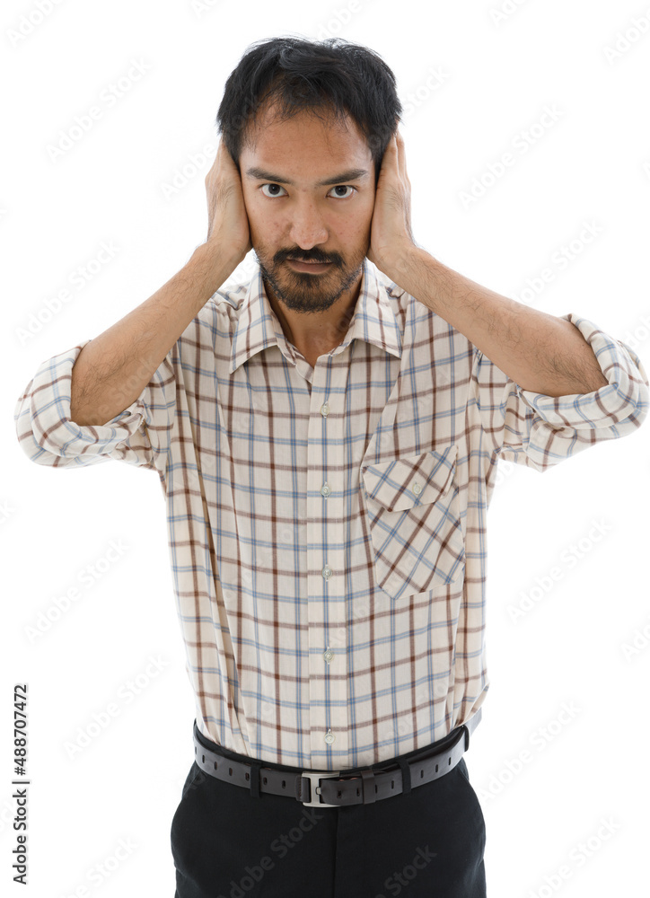 Isolated cutout studio shot of Asian upset tortured sick middle aged male model casual outfit standing holding hand at painful left chest having emergency urgency heart attack on white background Isolated cutout studio shot of Asian upset tortured sick middle aged male model casual outfit standing holding hand at painful left chest having emergency urgency heart attack on white background