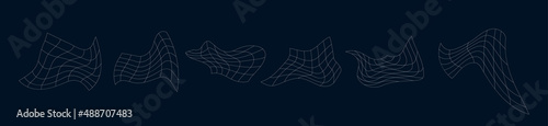 Abstract wireframes. A set of distorted meshes. Designer retro grid shapes are wavy in perspective. Vector illustration of cyber futuristic elements isolated.