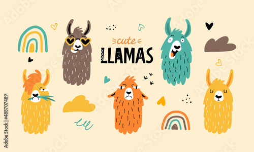 Set of Funny cartoon llamas or alpacas collection with lettering in hand drawn style. Perfect for t-shirt, apparel, cards, poster, nursery decoration. Isolated on beige background vector illustration