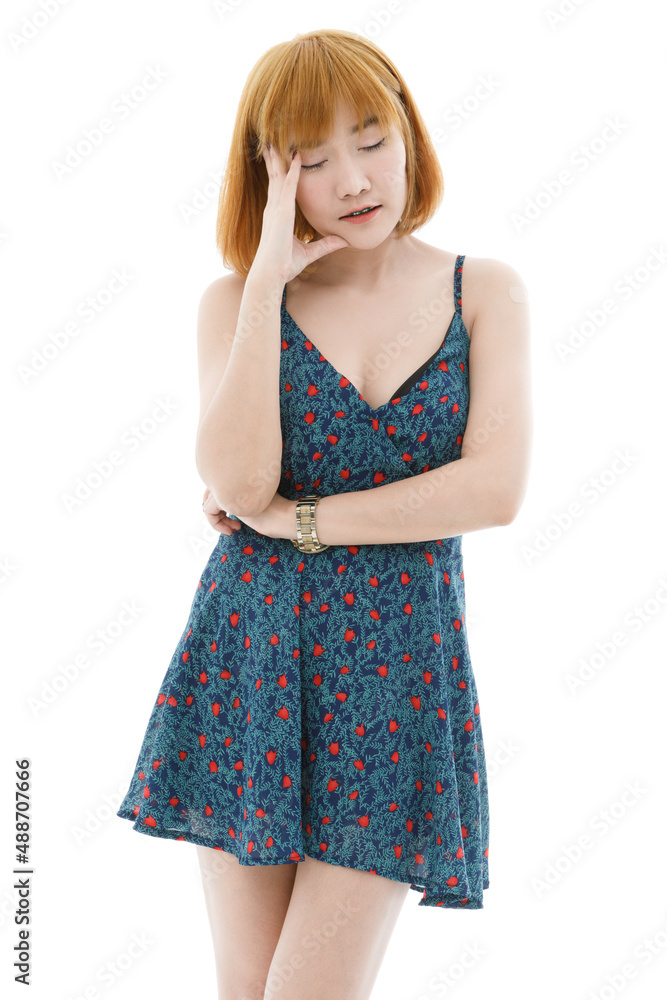 Isolated cutout studio full body shot of Asian young sexy blonde short hair female fashion model in camisole dress and sneakers standing look at camera on white background Isolated cutout studio full body shot of Asian young sexy blonde short hair female fashion model in camisole dress and sneakers standing look at camera on white background