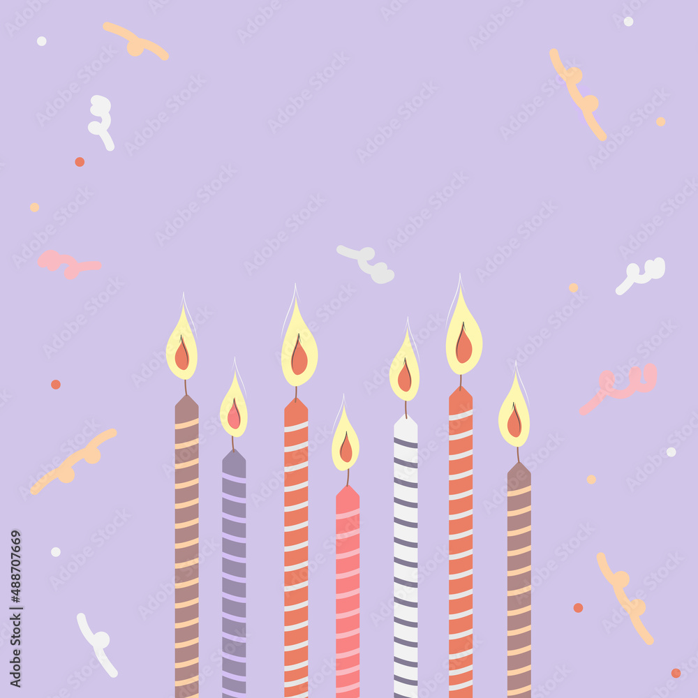 Postcard and birthday invitation with candles and confetti on purple background Postcard and birthday invitation with candles and confetti on purple background