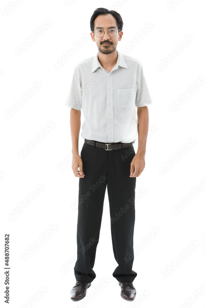 Fototapeta premium Portrait isolated cutout studio shot of Millennial Asian slim bearded and frontal baldness male businessman in formal outfit and eyeglasses standing look at camera on white background