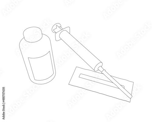 The contour of a medical syringe with an ampoule from black lines isolated on a white background. Vector illustration