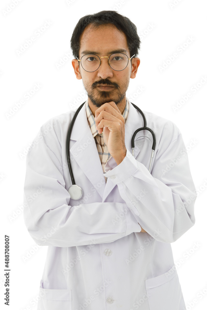 Portrait isolated cutout studio shot Asian middle aged professional successful experienced male doctor in lab coat with stethoscope and eyeglasses standing hold hands in pockets on white background Portrait isolated cutout studio shot Asian middle aged professional successful experienced male doctor in lab coat with stethoscope and eyeglasses standing hold hands in pockets on white background