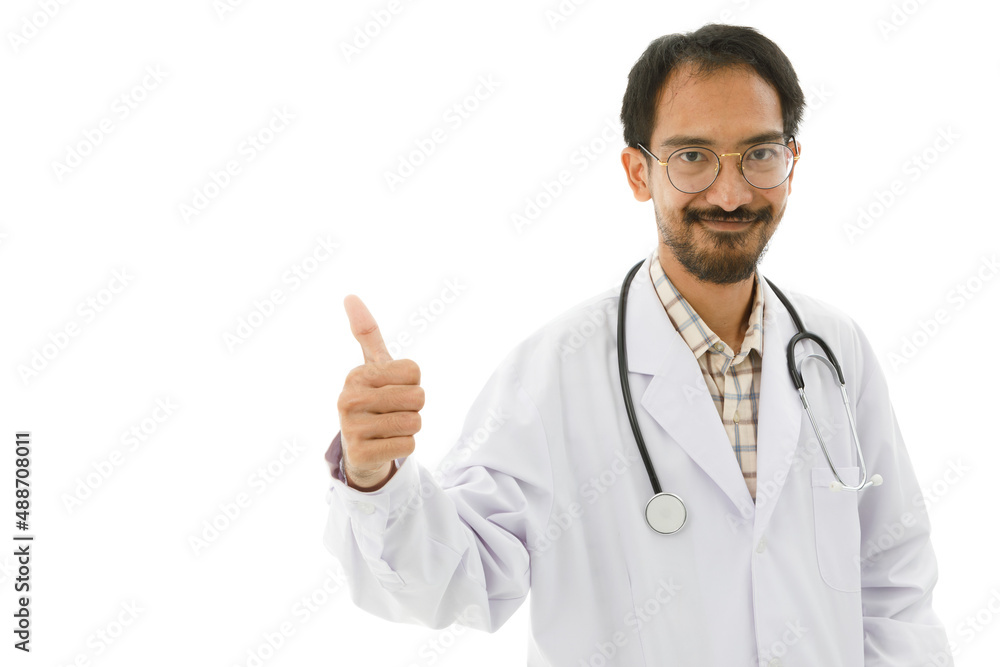 Portrait isolated cutout studio shot Asian middle aged professional successful experienced male doctor in lab coat with stethoscope and eyeglasses standing hold hands in pockets on white background Portrait isolated cutout studio shot Asian middle aged professional successful experienced male doctor in lab coat with stethoscope and eyeglasses standing hold hands in pockets on white background