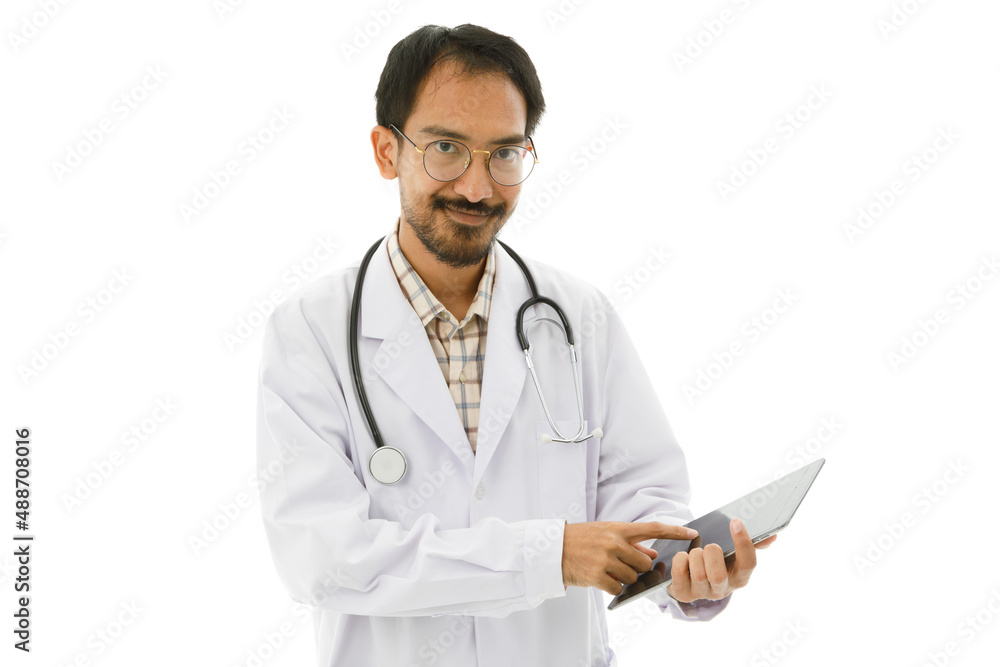 Portrait isolated cutout studio shot Asian middle aged professional successful experienced male doctor in lab coat with stethoscope and eyeglasses standing hold hands in pockets on white background Portrait isolated cutout studio shot Asian middle aged professional successful experienced male doctor in lab coat with stethoscope and eyeglasses standing hold hands in pockets on white background