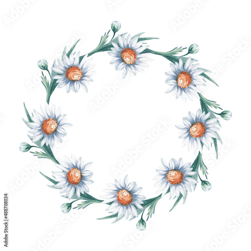 Hand-drawn watercolor floral wreath with chamomile flowers  leaves and buds. Wreath for decoration of wedding invitations  cards  packaging.