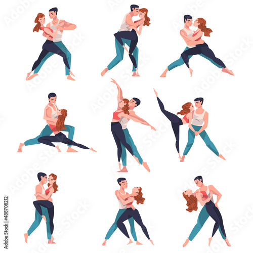 Dancing Couple Performing Dance at Choreography Class Vector Set