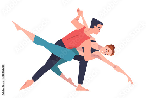 Man and Woman Dancer Moving in Tandem Performing at Choreography Class Vector Illustration