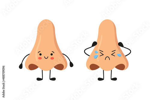 Human nose kawaii happy and sad characters. Sense organ. Nose diseases. Healthy organ of smell. Vector illustration isolated on white background in hand drawn style.