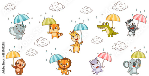Fototapeta Naklejka Na Ścianę i Meble -  Set kids tropical animals with umbrellas in the rain. Hippo, lion, elephant, giraffe, crocodile, zebra, sloth, tiger, koala. Vector illustration for designs, prints, patterns. Isolated on white