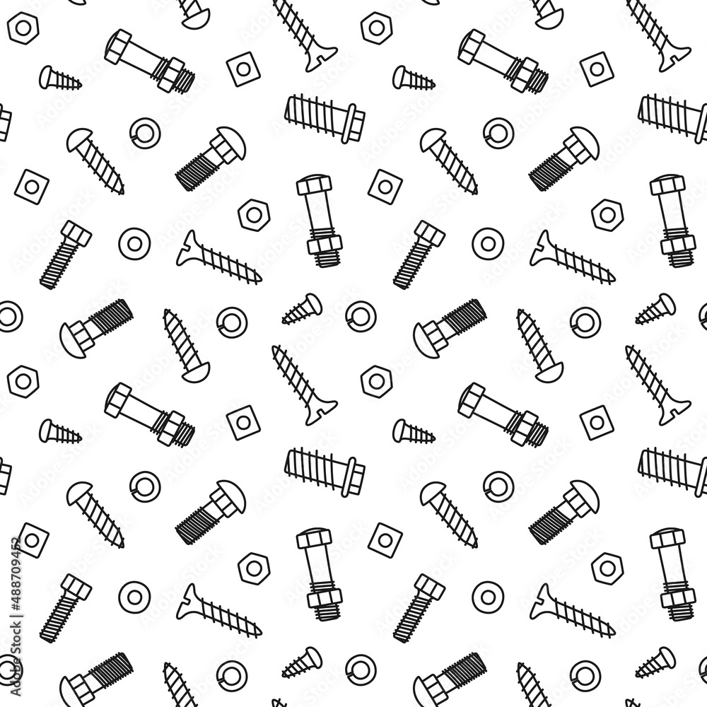 Hand drawn bolts, screws and nuts. Seamless pattern of fasteners in doodle style. Hand drawn building material. Children drawing. Vector illustration on white background. Hand drawn bolts, screws and nuts. Seamless pattern of fasteners in doodle style. Hand drawn building material. Children drawing. Vector illustration on white background.