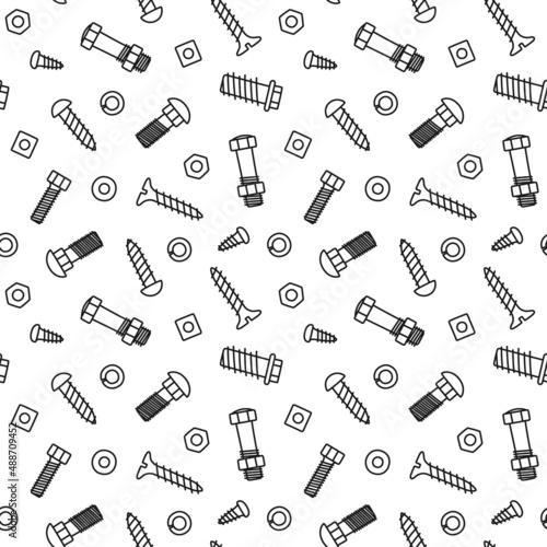 Hand drawn bolts, screws and nuts. Seamless pattern of fasteners in doodle style. Hand drawn building material. Children drawing. Vector illustration on white background.