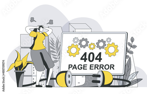 404 error page concept with outline people scene. Not working website at computer screen, technical support solving problem with connection. Vector illustration in flat line design for web template