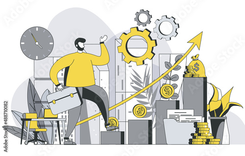 Career opportunities concept with outline people scene. Man is looking for new projects, invests money and increases income, achieves goals. Vector illustration in flat line design for web template