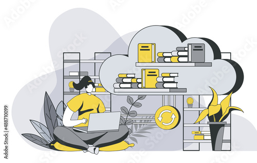Cloud library concept with outline people scene. Woman reads e-books on laptop using cloud technologies. Online education and e-learning. Vector illustration in flat line design for web template