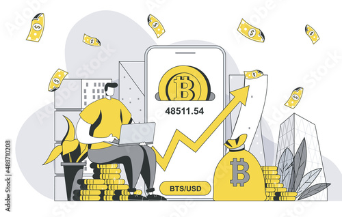 Cryptocurrency investment concept with outline people scene. Man buys bitcoins and increases income, digital money and success crypto business. Vector illustration in flat line design for web template