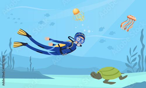 Man Character in Diving Suit and Goggles Swimming Underwater Vector Illustration