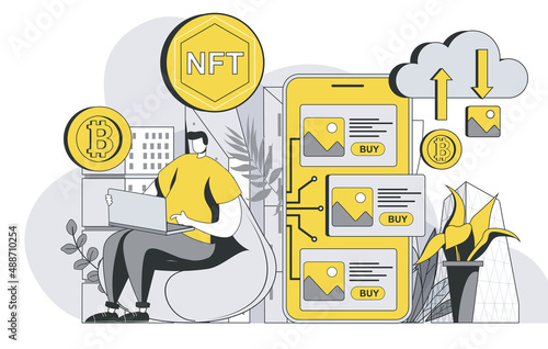 NFT cryptocurrency technology concept with outline people scene. Man buying collectible artwork with non fungible token for cryptocurrency. Vector illustration in flat line design for web template