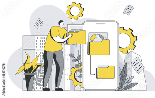 Cyberspace management concept with outline people scene. Man interacts with storage system and manages digital files, documents and data. Vector illustration in flat line design for web template