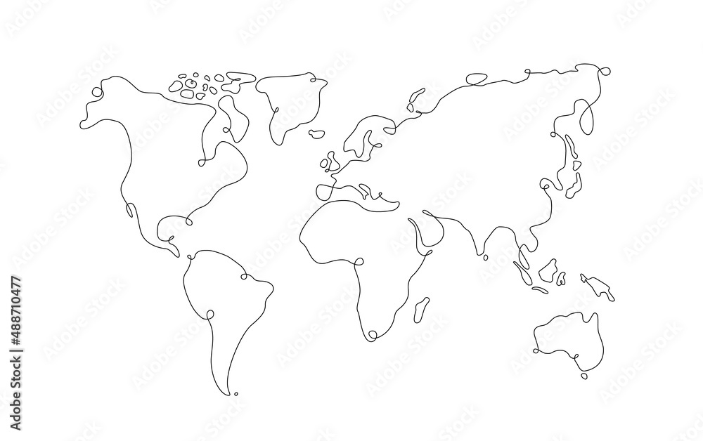 line art world map. continuous line earth map. vector illustration geography. single line asia and europa.