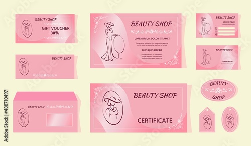 Beauty shop corporate identity. Outline of an elegant lady in evening dress. Floral frames. Hand-drawn sketch