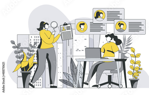 HR process concept with outline people scene. Women choose resume of best candidate for interview for open vacancy in office. Human resources. Vector illustration in flat line design for web template