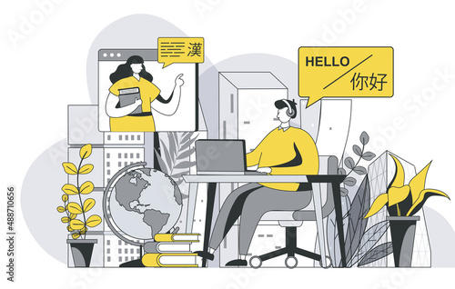 Language courses concept with outline people scene. Man studies online with tutor and learns foreign language. Distance learning with teacher. Vector illustration in flat line design for web template