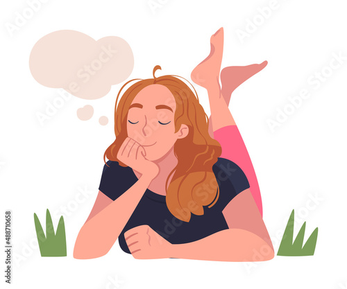 Woman Character Dreaming Imagining and Fantasizing Having Spontaneous Thought in Bubble Lying on Grass Vector Illustration
