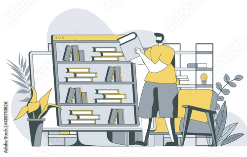 Online library concept with outline people scene. Man reads e-books, stores books in cloud storage or on computer, buys in online bookstore. Vector illustration in flat line design for web template