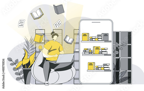 Online reading concept with outline people scene. Woman reads e-books on laptop, stores books in cloud and accesses bookshelf in mobile phone. Vector illustration in flat line design for web template